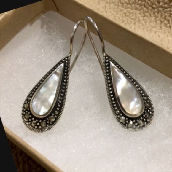 Sterling Silver 925 Marcasite Outlined Mother of Pearl Drop Earrings - Picture 10 of 13